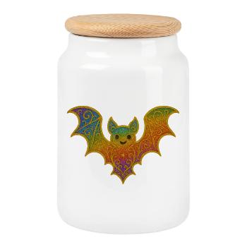 Regenbogenfledermaus mit Glitterrand - Keksdose mit Holzdeckel - Weiß - Vorne