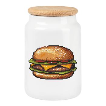 8Bit Hamburger Pixel Art - Cookie Jar with Wooden Lid - white - Front
