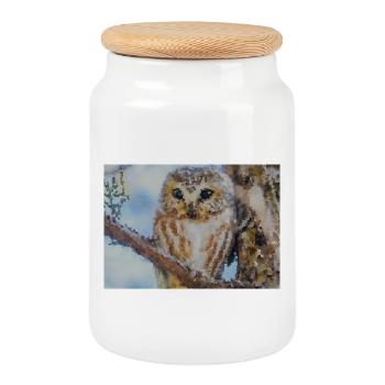 Forest Owl Portrait Watercolor - Cookie Jar with Wooden Lid - white - Front