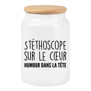 Stéthoscope au cœur, humour dans la tête - Boîte à biscuits avec couvercle en bois - blanc - Devant