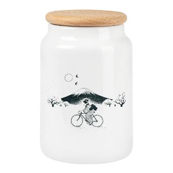 Geisha à vélo sur le mont Fuji - Boîte à biscuits avec couvercle en bois - blanc - Devant