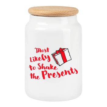 Most Likely to Shake the Presents Christmas Fun - Cookie Jar with Wooden Lid - white - Front