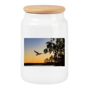 Möwe bei Sonnenuntergang - Foto einer fliegenden Möwe - Keksdose mit Holzdeckel - Weiß - Vorne