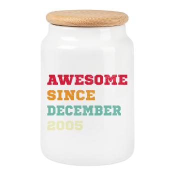 2005 December Vintage Birthday Gift - Cookie Jar with Wooden Lid - white - Front