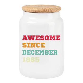 1985 December Vintage Birthday Gift - Cookie Jar with Wooden Lid - white - Front