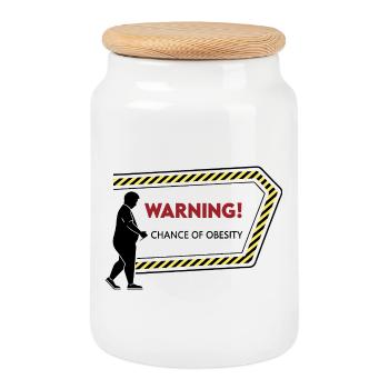 Warning: Obesity Caution Graphic - Cookie Jar with Wooden Lid - white - Front