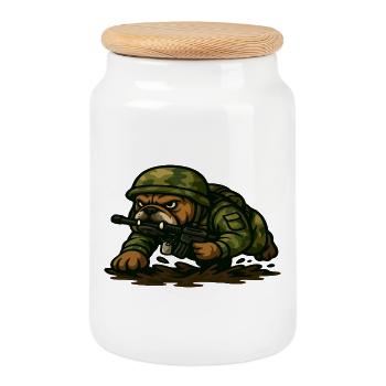 Bulldog Soldier Crawling Tactical Cartoon Design - Cookie Jar with Wooden Lid - white - Front