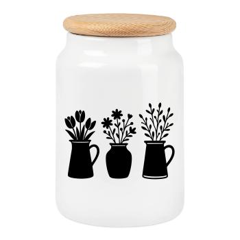 Three Vases with Flowers – Spring Motif - Cookie Jar with Wooden Lid - white - Front