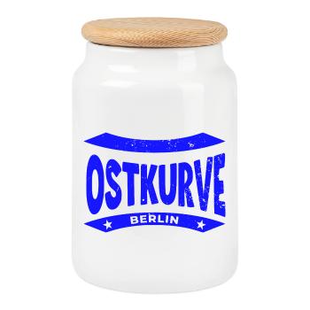 Berlin Stadion Ostkurve, Hoodie, Shirt, Mütze - Keksdose mit Holzdeckel - Weiß - Vorne