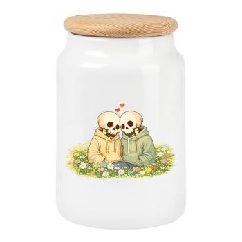 Couple squelettique chaleureux sur une prairie fleurie – Près - Boîte à biscuits avec couvercle en bois - blanc - Devant