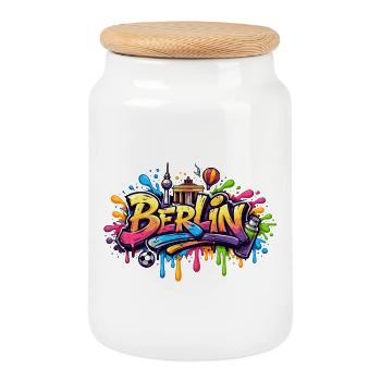 Berlin Graffiti Lettering with Colour Effects - Cookie Jar with Wooden Lid - white - Front