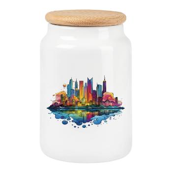 Bunte Skyline Reflektion - Keksdose mit Holzdeckel - Weiß - Vorne