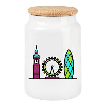 London City Skyline Big Ben Modern Line Art - Cookie Jar with Wooden Lid - white - Front