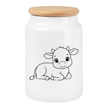 Lying Calf Cow Baby Outline - Cookie Jar with Wooden Lid - white - Front