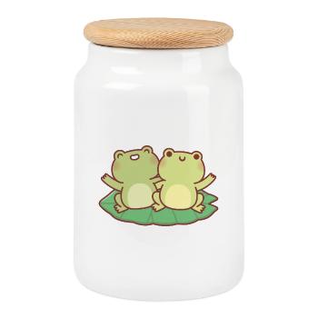 Cute Frogs On Lily Pad Besties - Cookie Jar with Wooden Lid - white - Front