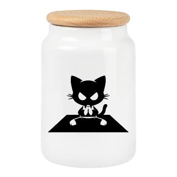  Schwarze Katze im Zen-Sitz mit wütendem Blick - Cookie Jar with Wooden Lid - white - Front