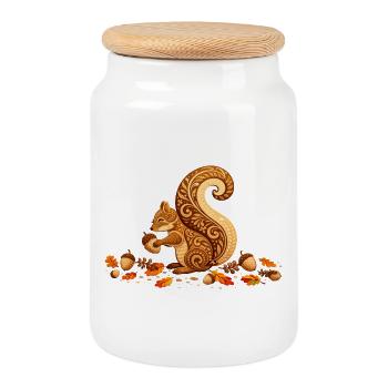 Stylized squirrel with acorn in autumn - Cookie Jar with Wooden Lid - white - Front