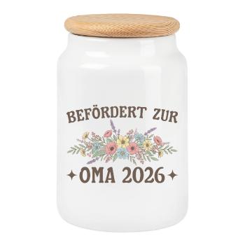Befördert zur Oma 2026 Blumen - Keksdose mit Holzdeckel - Weiß - Vorne