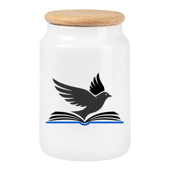 Bird flies out of book - Cookie Jar with Wooden Lid - white - Front