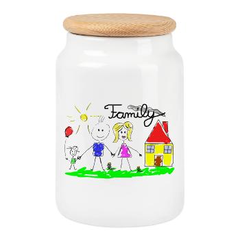 Family Line Drawing - Cookie Jar with Wooden Lid - white - Front