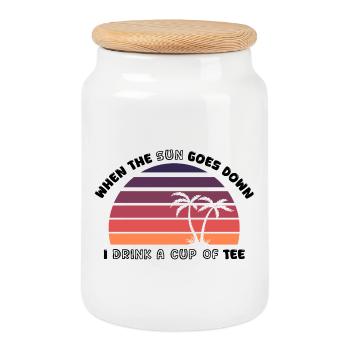 Sonnenuntergangs-Palmen Retro Tee - Design - Keksdose mit Holzdeckel - Weiß - Vorne