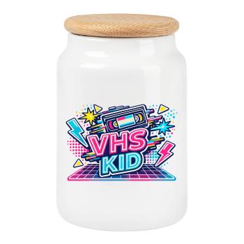 VHS KID Néon Rétro - Boîte à biscuits avec couvercle en bois - blanc - Devant