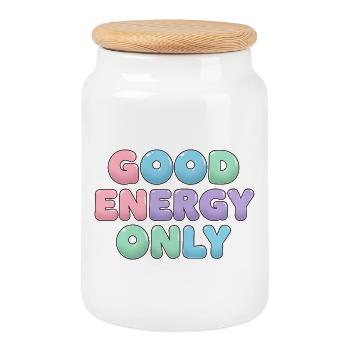 Good Energy Only Positive Vibes Sticker - Cookie Jar with Wooden Lid - white - Front