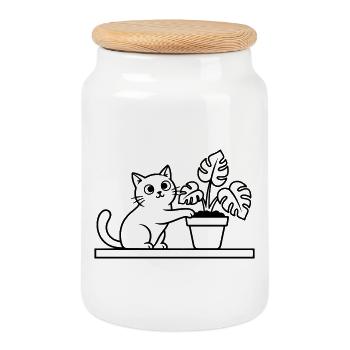 Résumé de la monstera de plante pour chat - Boîte à biscuits avec couvercle en bois - blanc - Devant