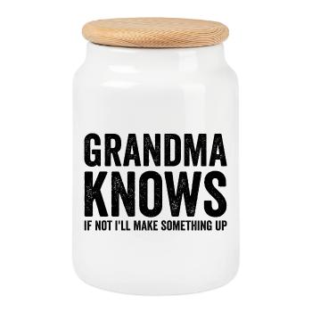 Grandma knows, if not, I'll think of something funny - Cookie Jar with Wooden Lid - white - Front