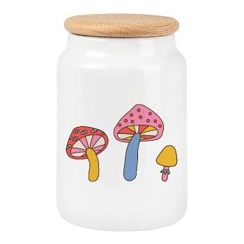Retro Mushroom Trio – Vintage 70s Design - Cookie Jar with Wooden Lid - white - Front