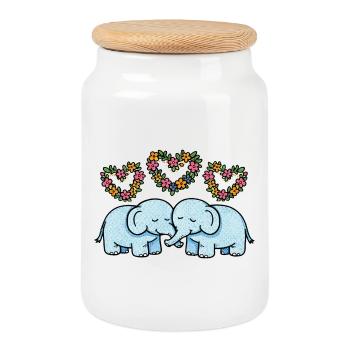 Duo Éléphant Cœurs Floraux - Boîte à biscuits avec couvercle en bois - blanc - Devant
