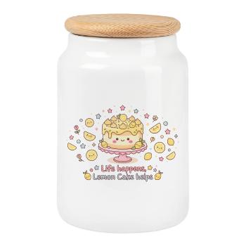 Life Happens Lemon Cake Helps - Cookie Jar with Wooden Lid - white - Front
