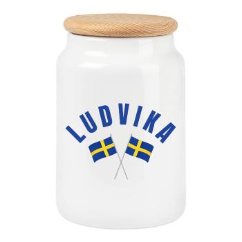 Ludvika Sweden Flags - Cookie Jar with Wooden Lid - white - Front