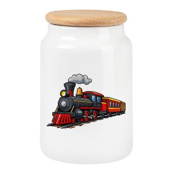 Classic steam locomotive on tracks - Cookie Jar with Wooden Lid - white - Front