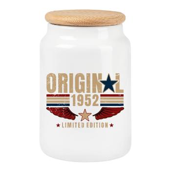 74. Geburtstag Geschenk Original Jahrgang 1952 - Keksdose mit Holzdeckel - Weiß - Vorne