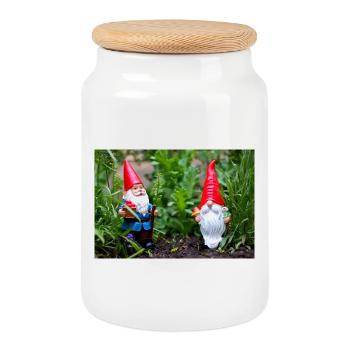 Garden gnome in the flower garden - Cookie Jar with Wooden Lid - white - Front