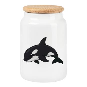 Orca Cartoon Black and White Style - Cookie Jar with Wooden Lid - white - Front
