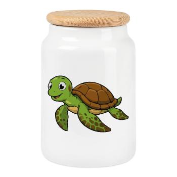 Cuddly turtle illustration - Cookie Jar with Wooden Lid - white - Front