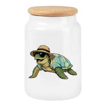 Turtle in tropical look - Cookie Jar with Wooden Lid - white - Front