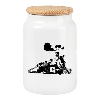 Croquis de locomotive à vapeur - Boîte à biscuits avec couvercle en bois - blanc - Devant