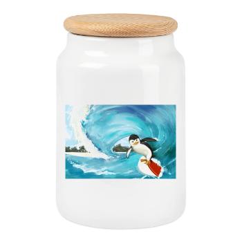 Surfing Penguin Poster - Cookie Jar with Wooden Lid - white - Front