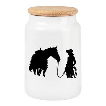Frau mit Pferd - Keksdose mit Holzdeckel - Weiß - Vorne