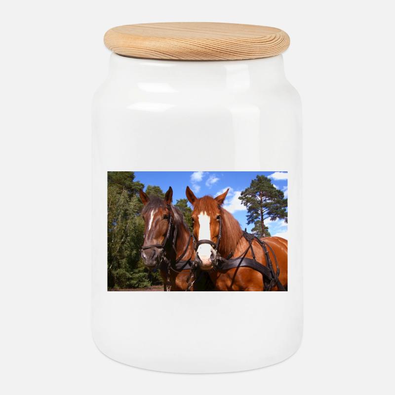 Équipe de chevaux - Boîte à biscuits avec couvercle en bois - blanc