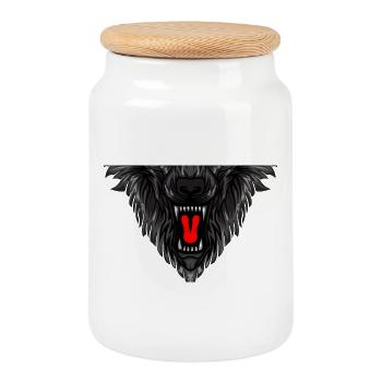 Detailed wolf face print - Cookie Jar with Wooden Lid - white - Front