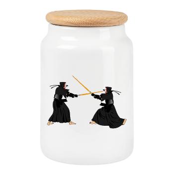 Deux kendoka dans un combat de Kendo - Boîte à biscuits avec couvercle en bois - blanc - Devant