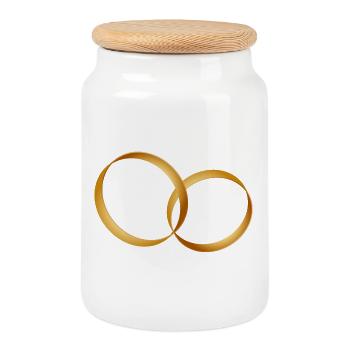 two gold rings - wedding ring - wedding - Cookie Jar with Wooden Lid - white - Front