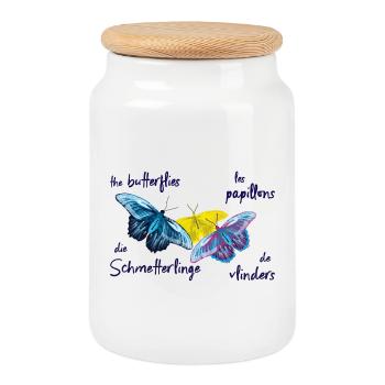 Papillons colorés, 4 langues - Boîte à biscuits avec couvercle en bois - blanc - Devant