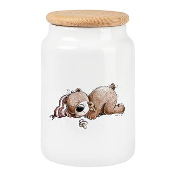 Droll Brown Bear dort et rêve - Boîte à biscuits avec couvercle en bois - blanc - Devant