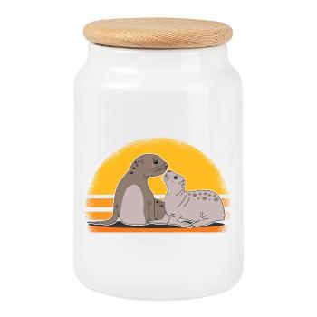 Seal with baby cute seals seals gift - Cookie Jar with Wooden Lid - white - Front