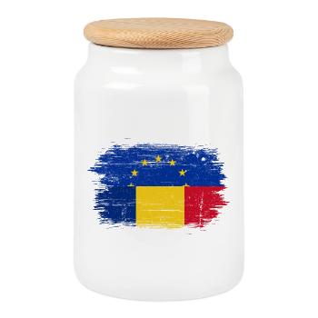 EU Stars Over Romanian Flag Brush - Cookie Jar with Wooden Lid - white - Front